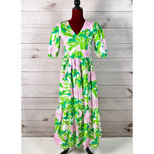 Maude Vivante Maxi Dress Floral Hawaiian Puff Sleeve Tiered